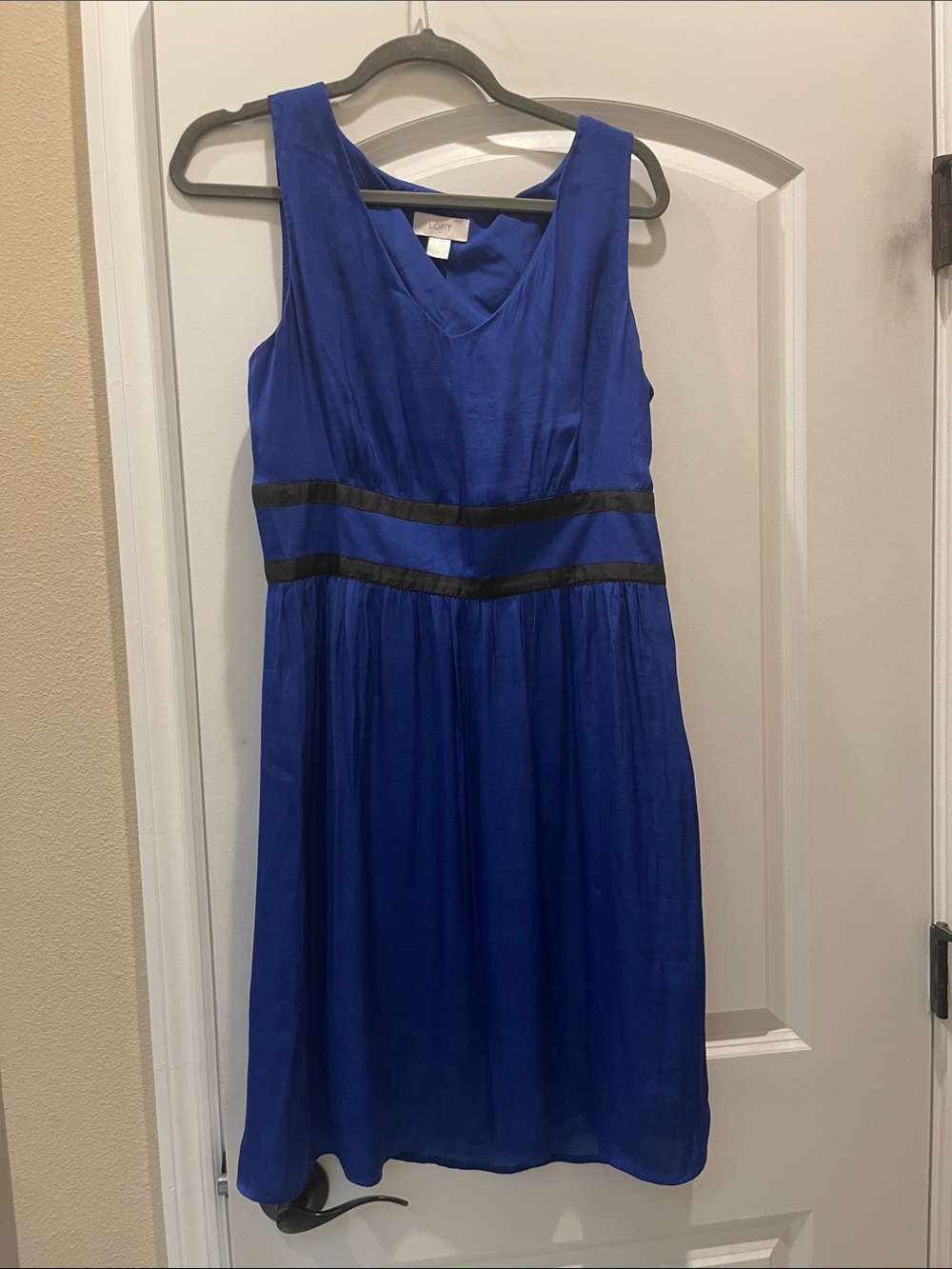 LOFT Cobalt Blue Sleeveless V-Neck Midi Dress with Black Waistband